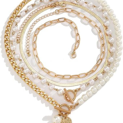 Gold Layered Chunky Necklace for Women Paperclip Chain Pearl Necklace Herringbone Necklace Gold Chunky Necklaces