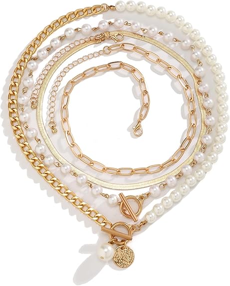 Gold Layered Chunky Necklace for Women Paperclip Chain Pearl Necklace Herringbone Necklace Gold Chunky Necklaces