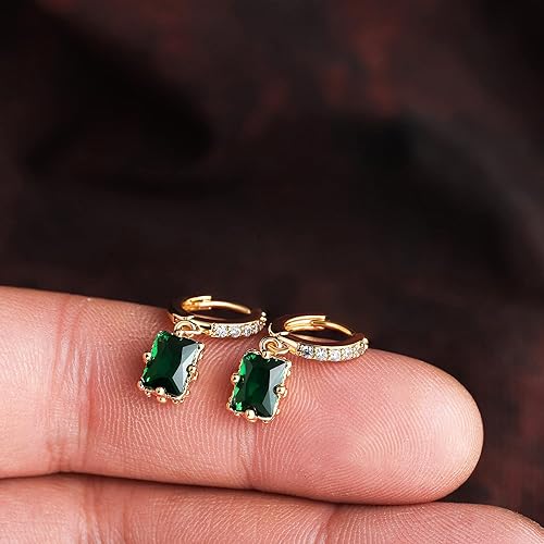 Gold Huggie Hoop Earrings For Women Small Square Austrian Crystal Green Drop Earrings 18k Gold Plated