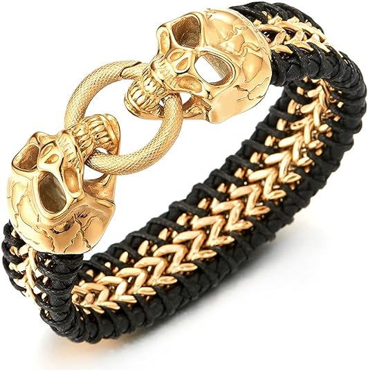 COOLSTEELANDBEYOND Mens Steel Gold Square Franco Chain Bracelet Interwoven with Black Leather, Skull Spring Ring Clasp