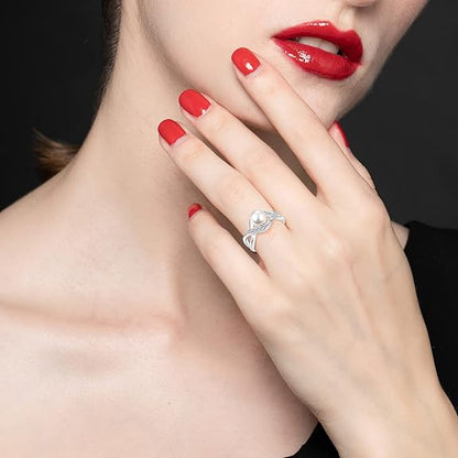 JO WISDOM Women Pearl Ring,925 Sterling Silver Cubic Zirconia Infinity Pearl Ring with 7mm Round White Pearl Ring