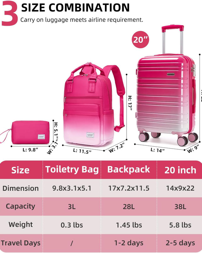 LARVENDER Carry on Luggage Sets 3 Piece, 20 Inch Suitcases, Berry Sparkling