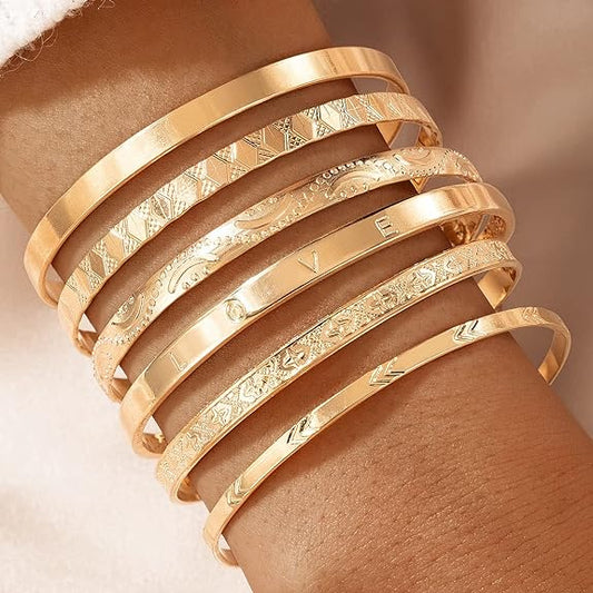 Stackable Gold Cuff Bracelets Bangle for Women, Boho Retro Grace Temperament Wide Face Bracelet Sets