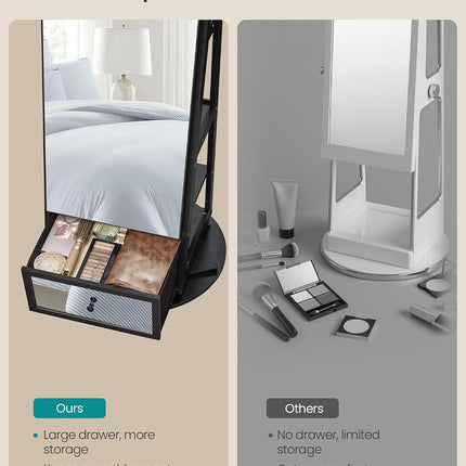 SONGMICS LED Jewelry Organizer, Full Length Mirror with Storage, Rotating