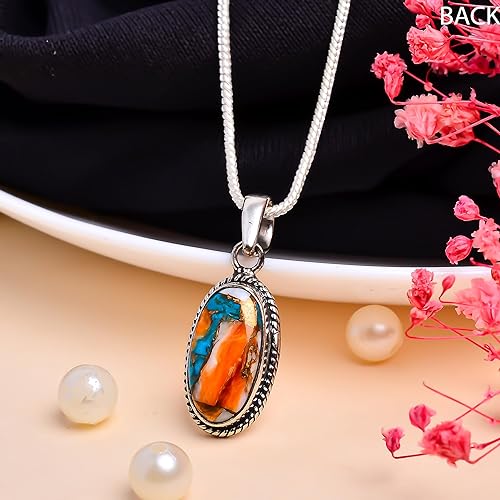 925 Sterling Silver Bohemian Pendant Necklace for Women with Oval Orange Blue Turquoise Gemstone