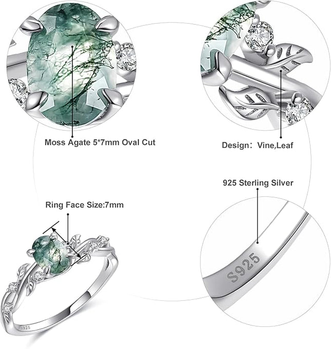 Engagement Rings for Women 925 Sterling Silver Oval Cut Moss Agate/Black Rutilated Quartz/Emerald Gemstone Wedding Rings Promise Ring Size 5-9