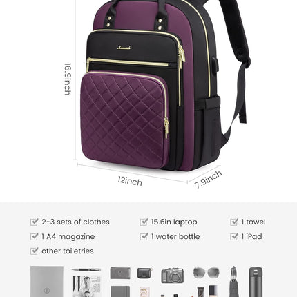 LOVEVOOK Laptop Backpack Purse for Women, 15.6" Laptop Bag for Travel with USB Port, Water Resistant Lightweight Daypacks for College Work Business, Nurse Teacher Computer Bags, Purple Black