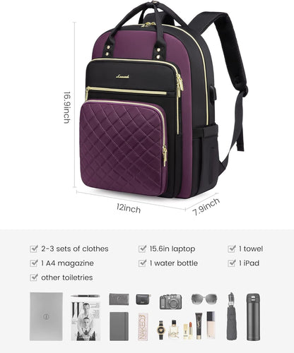 LOVEVOOK Laptop Backpack Purse for Women, 15.6" Laptop Bag for Travel with USB Port, Water Resistant Lightweight Daypacks for College Work Business, Nurse Teacher Computer Bags, Purple Black