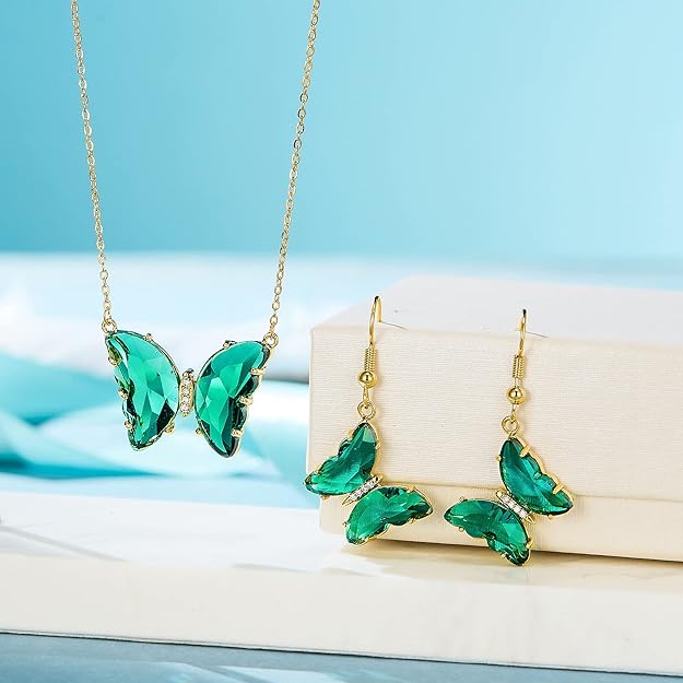 EleQueen 18K Gold Plated Rhinestone Crystal Ctue Butterfly Necklace Earrings Set Hypoallergenic Jewelry Sets for Women Green color