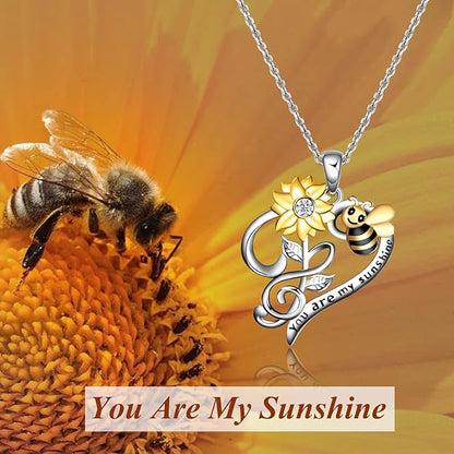 LUHE Bee Necklace 925 Sterling Silver Honeycomb Cute Flower Pendant Necklaces for Women Gifts for Her Women