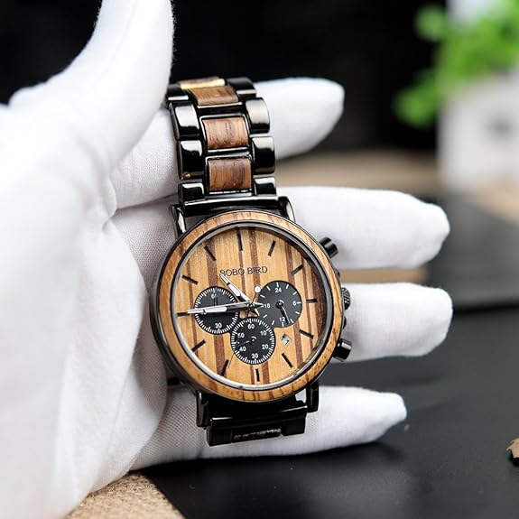 BOBO BIRD Wooden Mens Watches Stylish Wood & Stainless Steel Combined Chronograph Military Quartz Casual Wristwatches