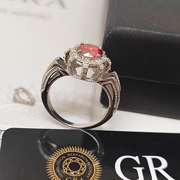 Red Moissanite Ring for Women 1.0ct Lab Created Diamond Round Cut Rings 18K White Gold Plated S925 Silver Jewelry with Gift Box