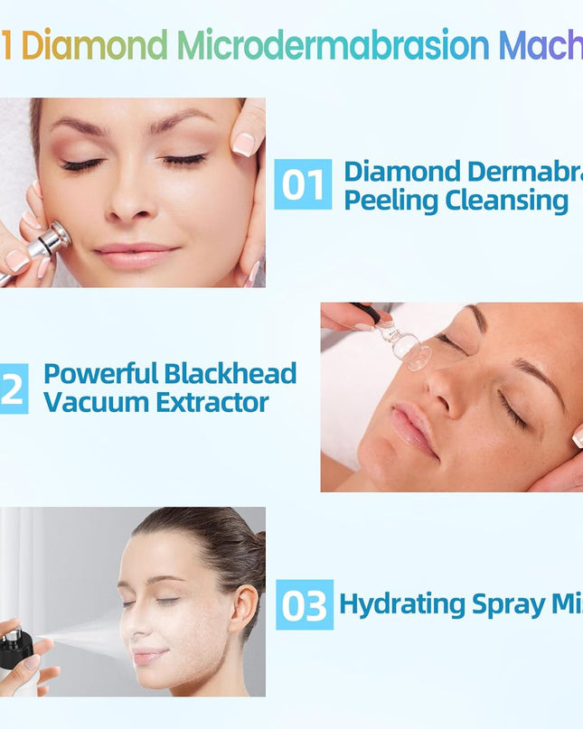 Diamond Micro-Derma-Dermabrasion Machine, 3 IN 1 Dermabrasion Facial Machine 0-68cmHg Suction Power, Professional Diamond Glow Facial Machine with Spray Kit, Home Use Facial Skin Care Equipment