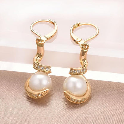 Dainty Pearl Leverback Dangle Earrings for Women 18K Gold Plated Rhinestone Hoop Drop Earrings Women Dangling Jewelry