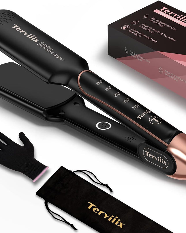Flat Iron Hair Straightener by Terviiix - Ceramic & Tourmaline for Smooth, One-Swipe Results, Salon-Grade Wide 1-3/4 Inch Straightening Iron Gently Straightens Thick, Curly, Black & Natural Hair
