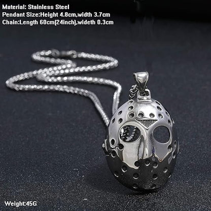 FIZIZDH Men's Stainless Steel Jason's Mask Hollow Openwork Pendant Necklace, 24 inch Keel Link Chain