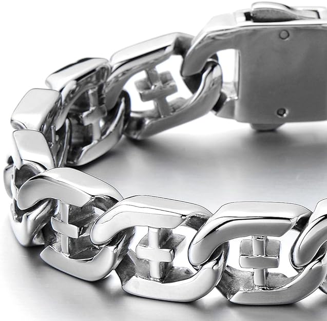 COOLSTEELANDBEYOND Men's Stainless Steel Curb Chain Bracelet with Cross Silver Color High Polished