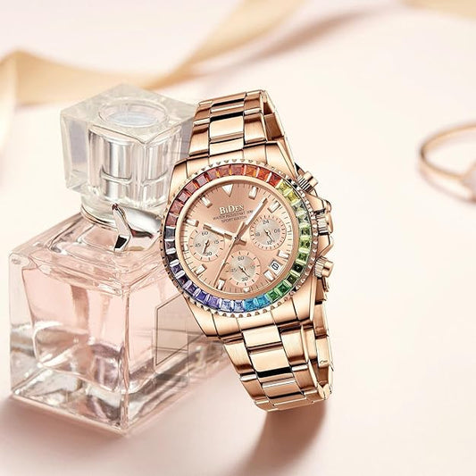 Women Colorful Diamond Watches Chronograph Rotatable Bezel Mineral Glass Luminous Watch Stainless Steel Waterproof Date Analog Quartz Watch Fashion Business Dress Wristwatch