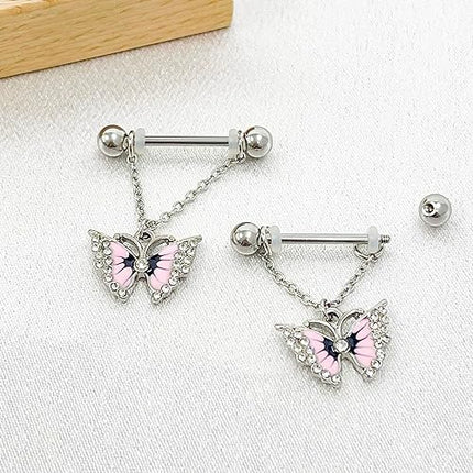 Niaspi 14G Pink Butterfly Dangle Nipple Rings for Women Girls Surgical Steel Cubic Zircon Chains Dangling Nipplerings Nipple Studs Piercing Barbell Body Piercing Jewelry