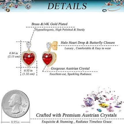 Heart Earrings for Women Austrian Crystal Halo Heart Earrings Drop Stud Earrings 14K Gold Plated Hypoallergenic Anniversary Valentines Day Jewelry Gift for Her