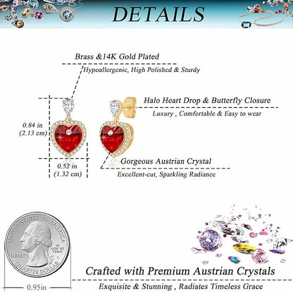 Heart Earrings for Women Austrian Crystal Halo Heart Earrings Drop Stud Earrings 14K Gold Plated Hypoallergenic Anniversary Valentines Day Jewelry Gift for Her