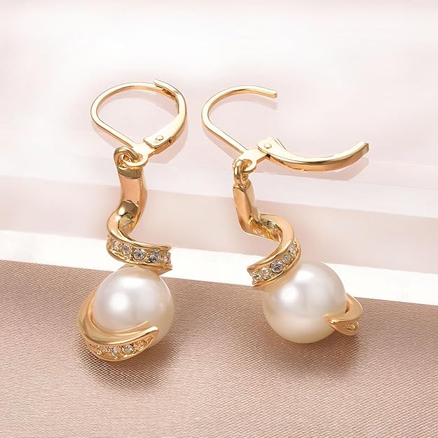 Dainty Pearl Leverback Dangle Earrings for Women 18K Gold Plated Rhinestone Hoop Drop Earrings Women Dangling Jewelry