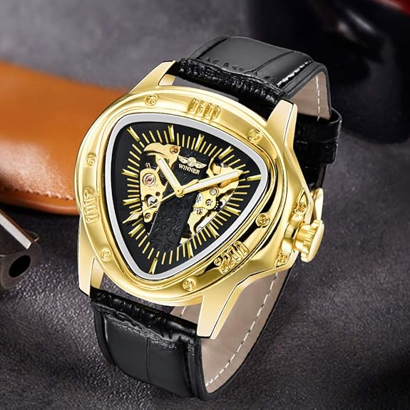 Triangle Golden Skeleton Watch for Men Mechanical Automatic Wristwatch ...