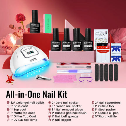 Gel Nail Polish Kit with U V Light 32 Colors Gel Polish Nail + 4 Functional Adhesive Bottles Kit Soak Off Manicure Tools Gifts for Women