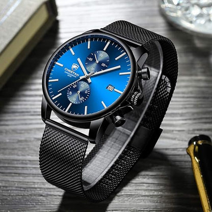 GOLDEN HOUR Mens Watch Fashion Sleek Minimalist Quartz Analog Mesh Stainless Steel Waterproof Chronograph Watches for Men with Auto Date