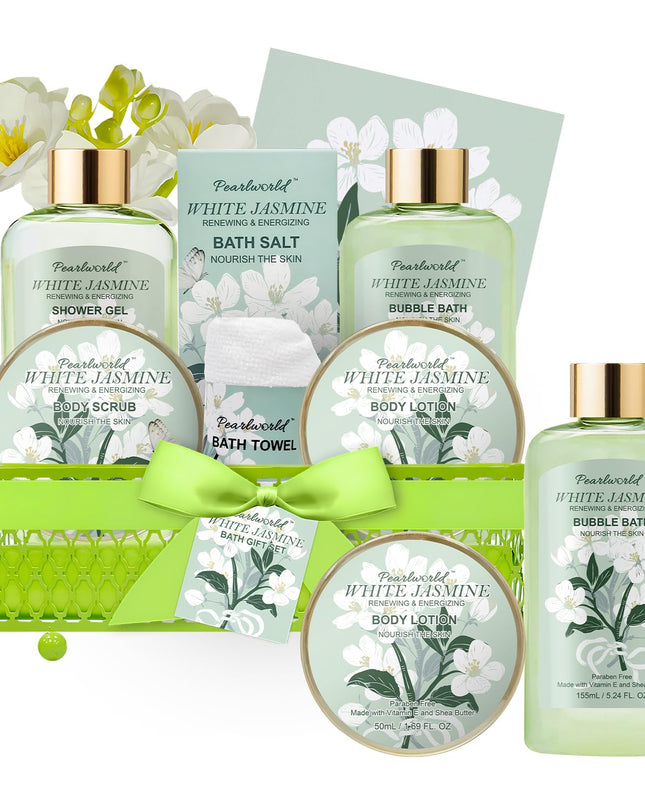 Bath Gift Baskets for Women, 9pc Jasmine Spa Gifts Set for Women, Self Care & Body Relaxing, Birthday Gift Basket, Mother's Day Gifts, Christmas, Anniversary Bath Gift Set