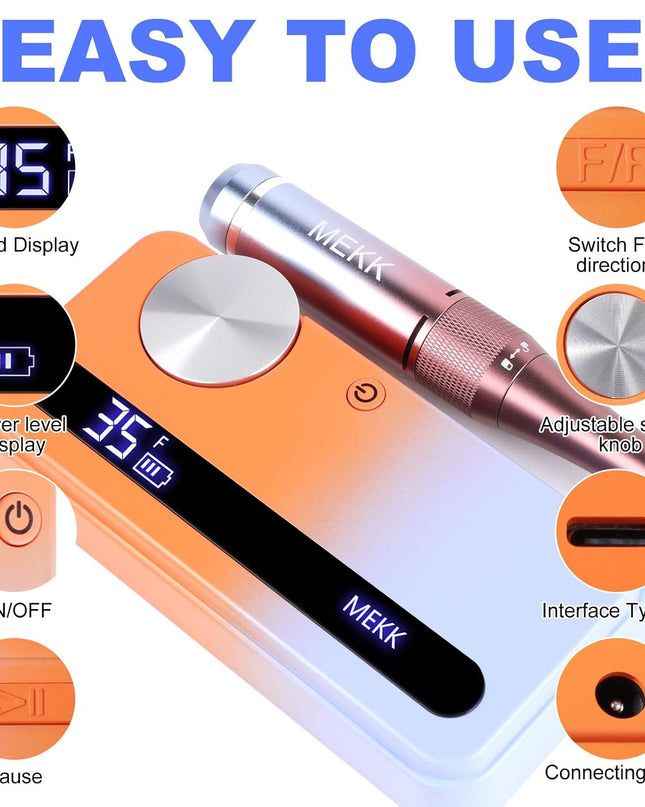 MEKK Nail Drill Kit,35000RPM Electric Nail Drill Professional Electric Nail File with 12PCS Bits,Anti-Shaking Cordless E Filer for Nails,Home & Salon(Orange Blue)