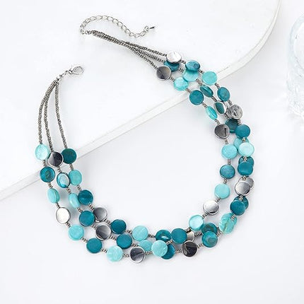 Noessla Layered Beaded Chunky Necklace for Women Boho Two-color Shell Statement Necklace Fashion Collar Costume Jewelry Gifts for Mum