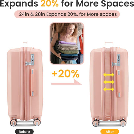 Luggage Set 4 Piece Suitcase Sets with Double Spinner Wheel, Expandable Hardside Travel Luggage with TSA Lock (14/20/24/28), PP Material Hardshell Carry on Travel Suitcases (D# Pink)