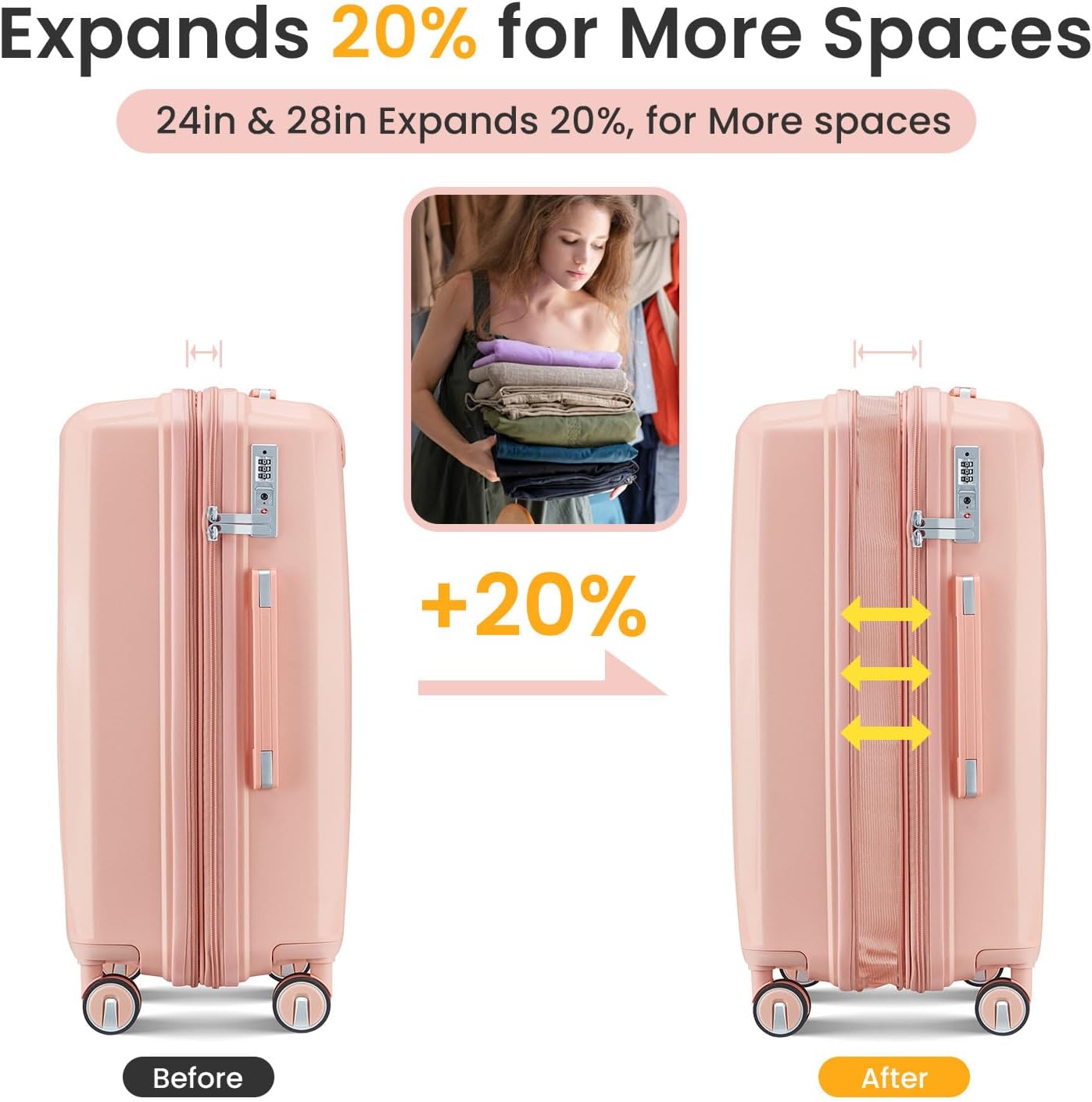 Luggage Set 4 Piece Suitcase Sets with Double Spinner Wheel, Expandable Hardside Travel Luggage with TSA Lock (14/20/24/28), PP Material Hardshell Carry on Travel Suitcases (D# Pink)
