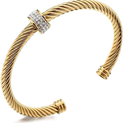 Cable Cuff Bracelets, Stainless Steel Twisted Wire Composite Bracelet Bangles, Adjustable Elegant Antique Jewelry with Rhinestone for Women