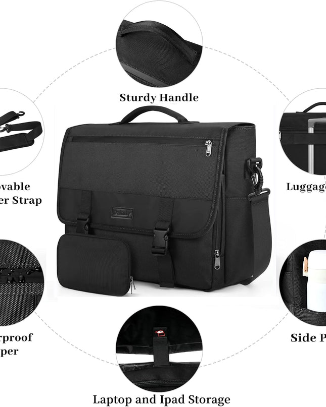 Messenger Bag for Men 15.6 Inch Water Resistant Laptop Briefcase Large Satchel Shoulder Bag Work Office College Computer Laptop Bag Lightweight Crossbody Handbag Cable Organize Bag Set 2pcs, Black