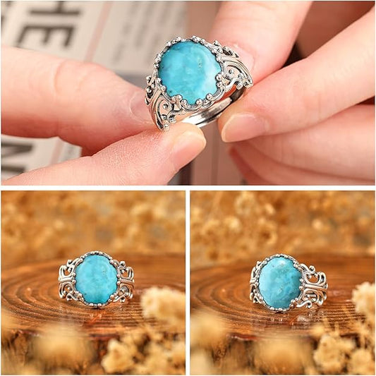 Turquoise Rings for Women 925 Sterling Silver Statement Ring with Oval Cut 12 * 14mm Turquoise Womens Adjustable Vintage Filigree Rings fit Size 6-9