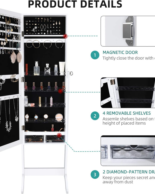 YITAHOME 2 in 1 Jewelry Cabinet with Full Length Mirror, Standing Large Capacity Jewelry Armoire Organizer with 2 Drawers, 3 Angle Adjustable, White