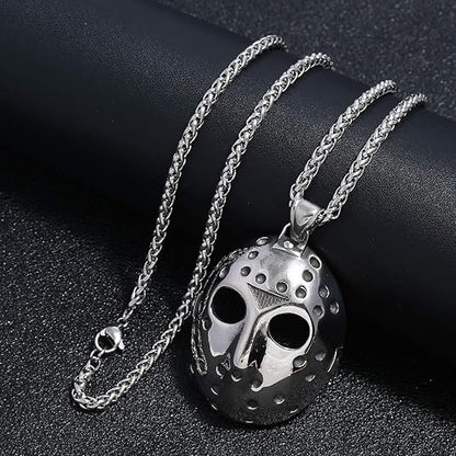 FIZIZDH Men's Stainless Steel Jason's Mask Hollow Openwork Pendant Necklace, 24 inch Keel Link Chain