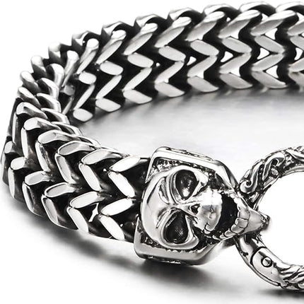 COOLSTEELANDBEYOND Gothic Mens Stainless Steel Franco Box Chain Link Curb Chain Bracelet with Skulls Spring Ring Clasp