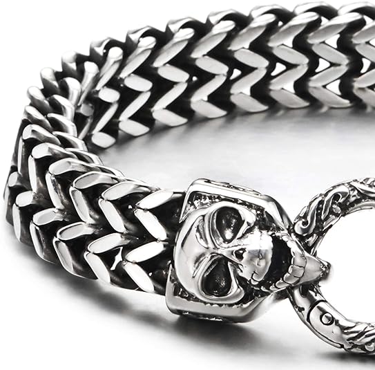 COOLSTEELANDBEYOND Gothic Mens Stainless Steel Franco Box Chain Link Curb Chain Bracelet with Skulls Spring Ring Clasp