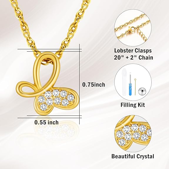 XIUDA Cremation Urn Necklace for Ashes with Crystal Butterfly Urn Jewelry Stainless Steel Memorial Keepsake Urn Pendant for Women