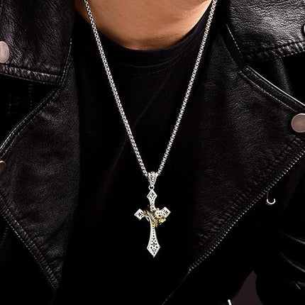 Cross Necklace For Men Antique Silver Titanium Stainless Steel & Brass Prayer Jesus Christ God With Cross Chain Gold Crown Ring Pendant Vintage