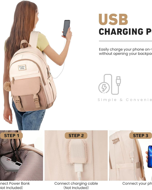 School Backpack for Teen Girls, Cute College Backpacks for Women Students Aesthetic Bookbag Large 15.6 Inch Laptop Bag Middle School Travel Back Pack (Khaki Beige)