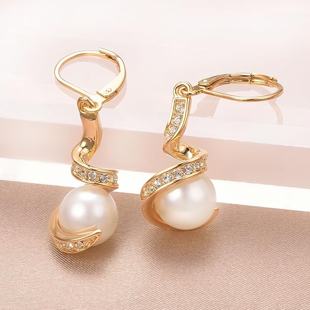 Dainty Pearl Leverback Dangle Earrings for Women 18K Gold Plated Rhinestone Hoop Drop Earrings Women Dangling Jewelry