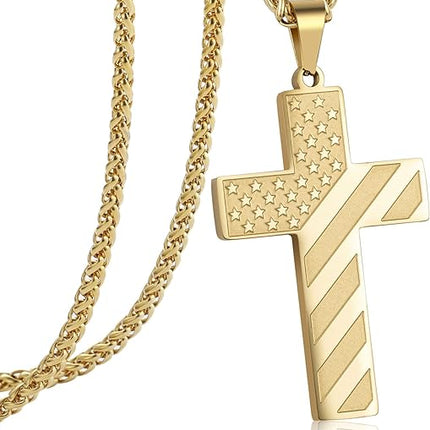 DuoDiner 24 Inch Cross Necklace for Men Boys Bible Verse American Flag Pendant Baptism Religious First Communion Jewelry Gift