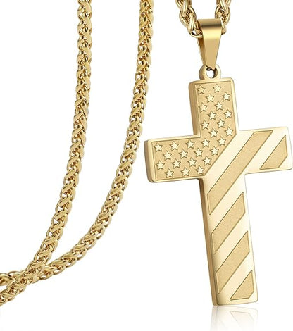 DuoDiner 24 Inch Cross Necklace for Men Boys Bible Verse American Flag Pendant Baptism Religious First Communion Jewelry Gift