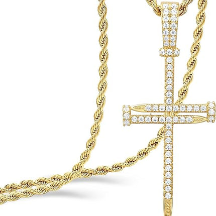 925 Sterling Silver Nail Cross Pendant Necklace Chain for Men Women Iced Out 14K Gold White Gold Plated Christian Jewelry with Gift Box