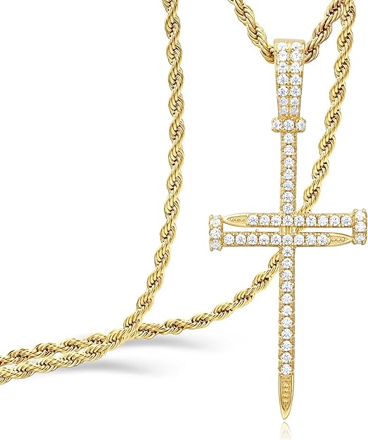 925 Sterling Silver Nail Cross Pendant Necklace Chain for Men Women Iced Out 14K Gold White Gold Plated Christian Jewelry with Gift Box