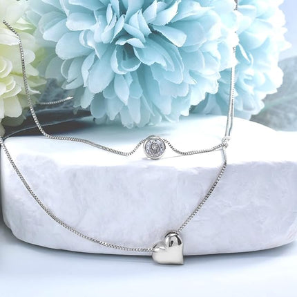 Layered Necklace for Women Sterling Silver Heart Necklace with CZ Stacked Cute Love Choker Pendant Necklace Tiny Chain Jewelry Gifts for Daughter Wife Mom Girlfriend Anniversary